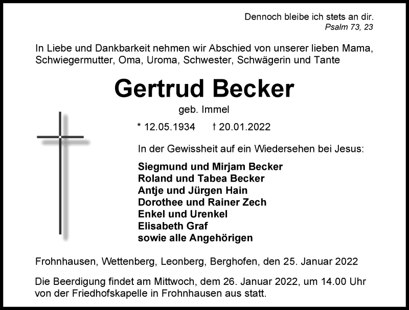  Traueranzeige für Gertrud Becker vom 25.01.2022 aus Dill Block