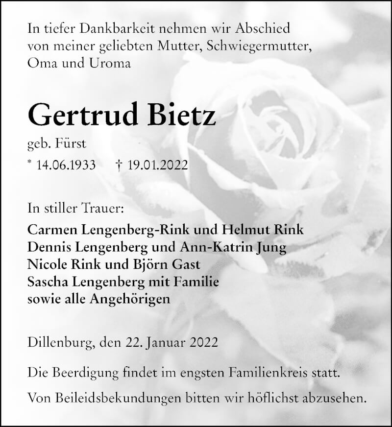  Traueranzeige für Gertrud Bietz vom 22.01.2022 aus Dill Block