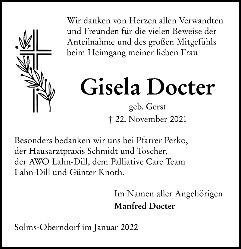  Traueranzeige für Gisela Docter vom 08.01.2022 aus Wetzlarer Neue Zeitung