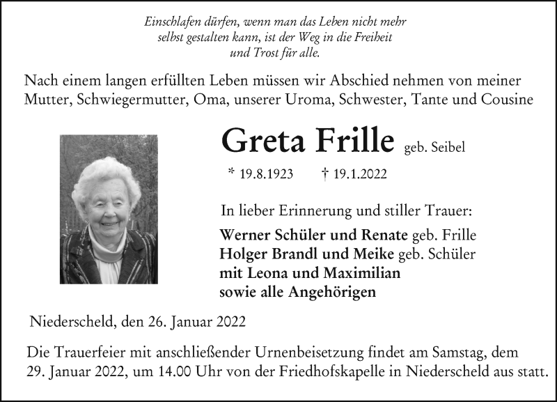  Traueranzeige für Greta Frille vom 26.01.2022 aus Dill Block