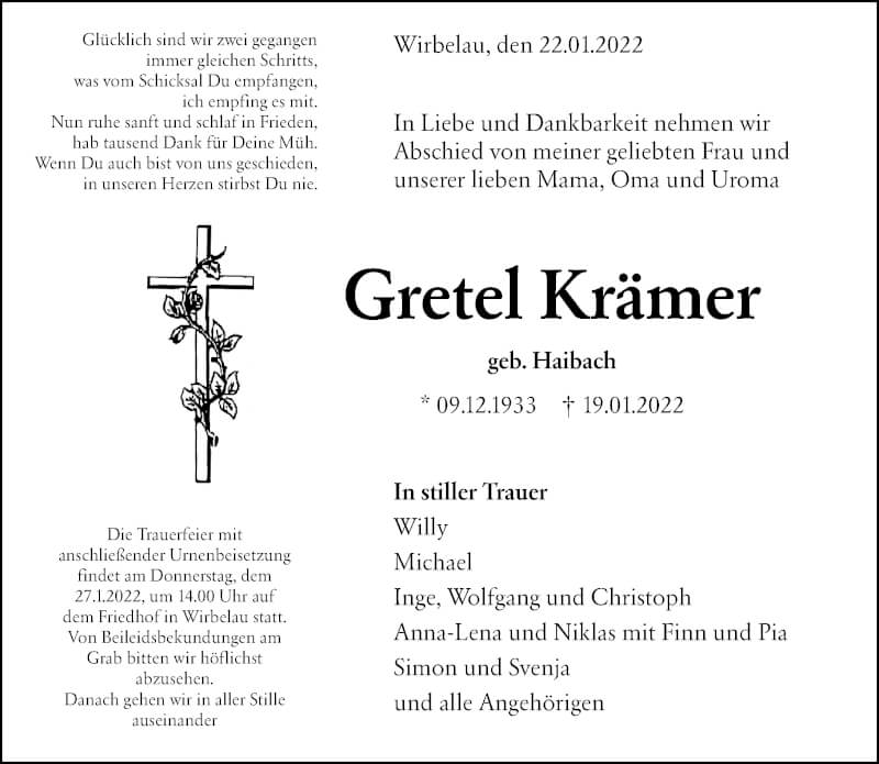  Traueranzeige für Gretel Krämer vom 22.01.2022 aus Weilburger Tageblatt