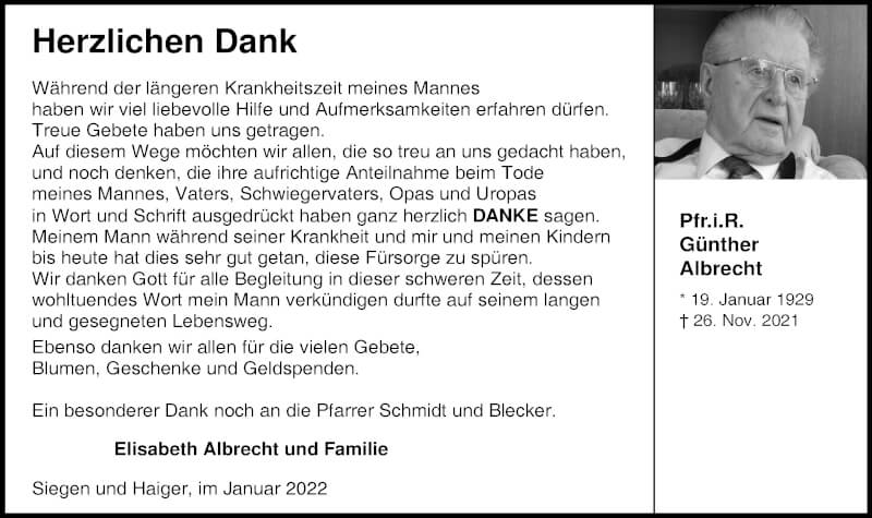  Traueranzeige für Günther Albrecht vom 22.01.2022 aus Dill Block