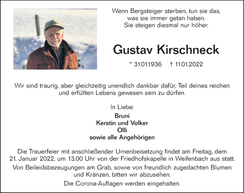  Traueranzeige für Gustav Kirschneck vom 14.01.2022 aus Hinterländer Anzeiger