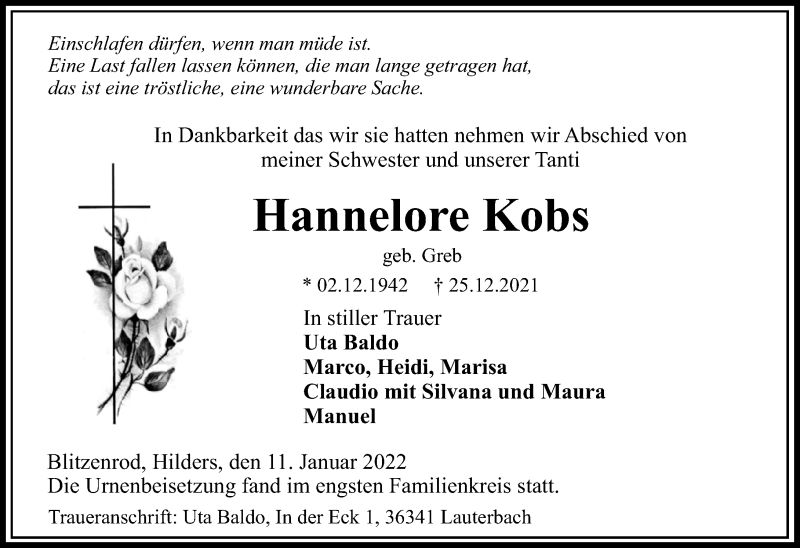  Traueranzeige für Hannelore Kobs vom 11.01.2022 aus Lauterbacher Anzeiger