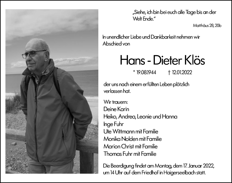  Traueranzeige für Hans-Dieter  Klös vom 14.01.2022 aus Dill Block