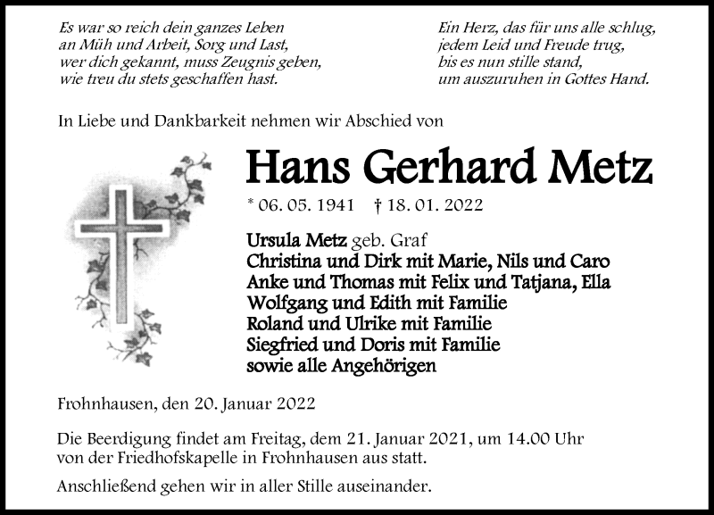 Traueranzeige für Hans Gerhard Metz vom 20.01.2022 aus Dill Block