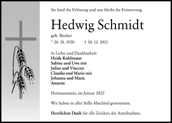 Traueranzeige von Hedwig Schmidt von Wetzlarer Neue Zeitung