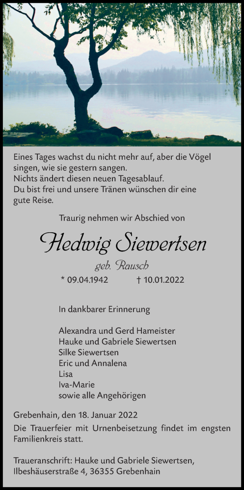  Traueranzeige für Hedwig Siewertsen vom 18.01.2022 aus Lauterbacher Anzeiger