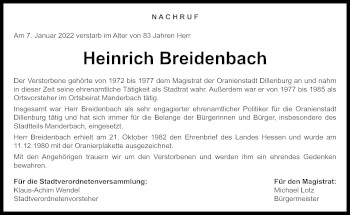 Traueranzeige von Heinrich Breidenbach von Dill Block