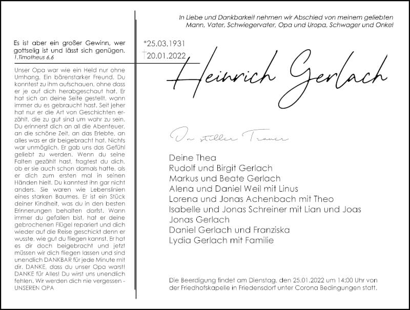  Traueranzeige für Heinrich Gerlach vom 22.01.2022 aus Hinterländer Anzeiger
