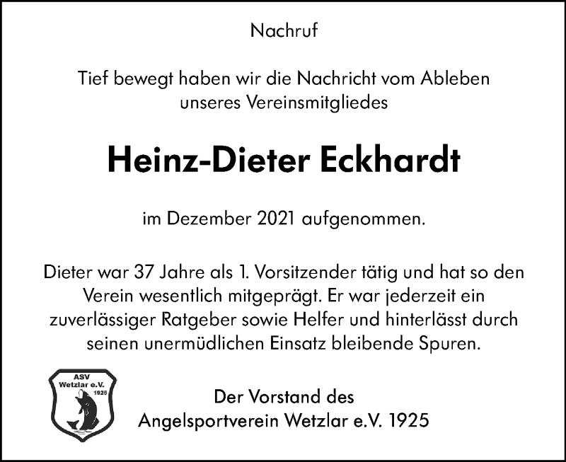  Traueranzeige für Heinz-Dieter Eckhardt vom 15.01.2022 aus Wetzlarer Neue Zeitung