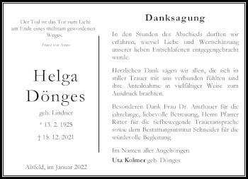 Traueranzeige von Helga Dönges von 948 OK Oberhessen Kurier