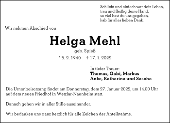 Traueranzeige von Helga Mehl von Wetzlarer Neue Zeitung