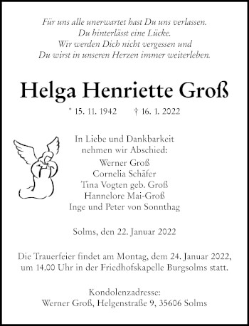 Traueranzeige von Helga Henriette Groß von Wetzlarer Neue Zeitung