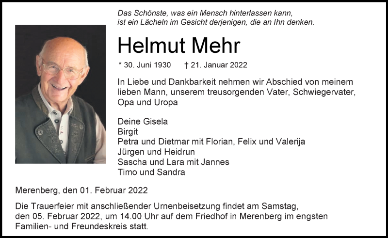  Traueranzeige für Helmut Mehr vom 01.02.2022 aus Weilburger Tageblatt