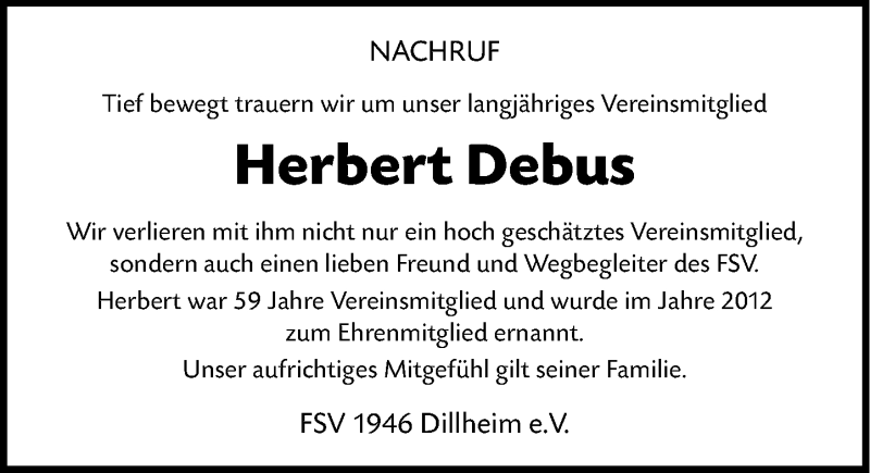  Traueranzeige für Herbert Debus vom 15.01.2022 aus Wetzlarer Neue Zeitung