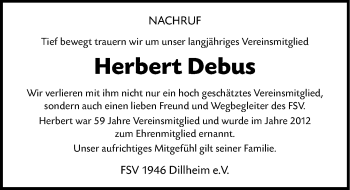 Traueranzeige von Herbert Debus von Wetzlarer Neue Zeitung