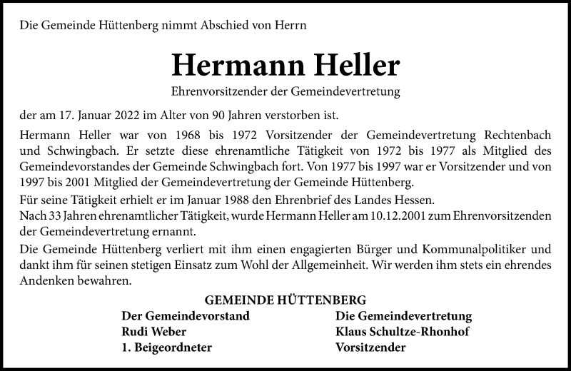  Traueranzeige für Hermann Heller vom 25.01.2022 aus Wetzlarer Neue Zeitung