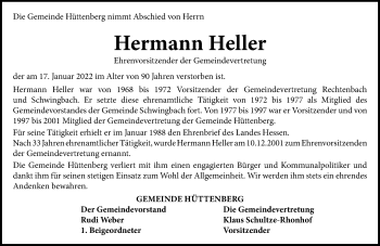 Traueranzeige von Hermann Heller von Wetzlarer Neue Zeitung