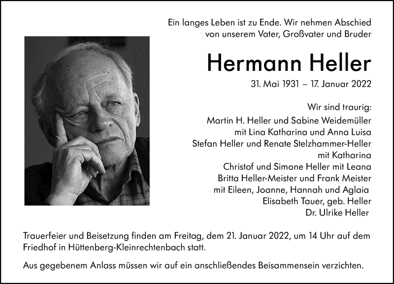  Traueranzeige für Hermann Heller vom 20.01.2022 aus Wetzlarer Neue Zeitung