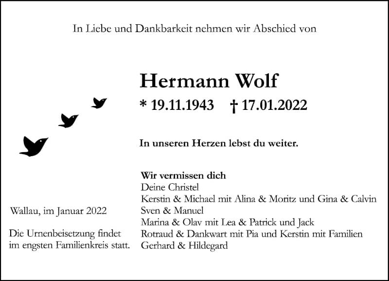  Traueranzeige für Hermann Wolf vom 22.01.2022 aus Hinterländer Anzeiger