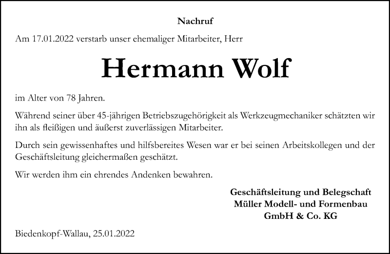  Traueranzeige für Hermann Wolf vom 25.01.2022 aus Hinterländer Anzeiger