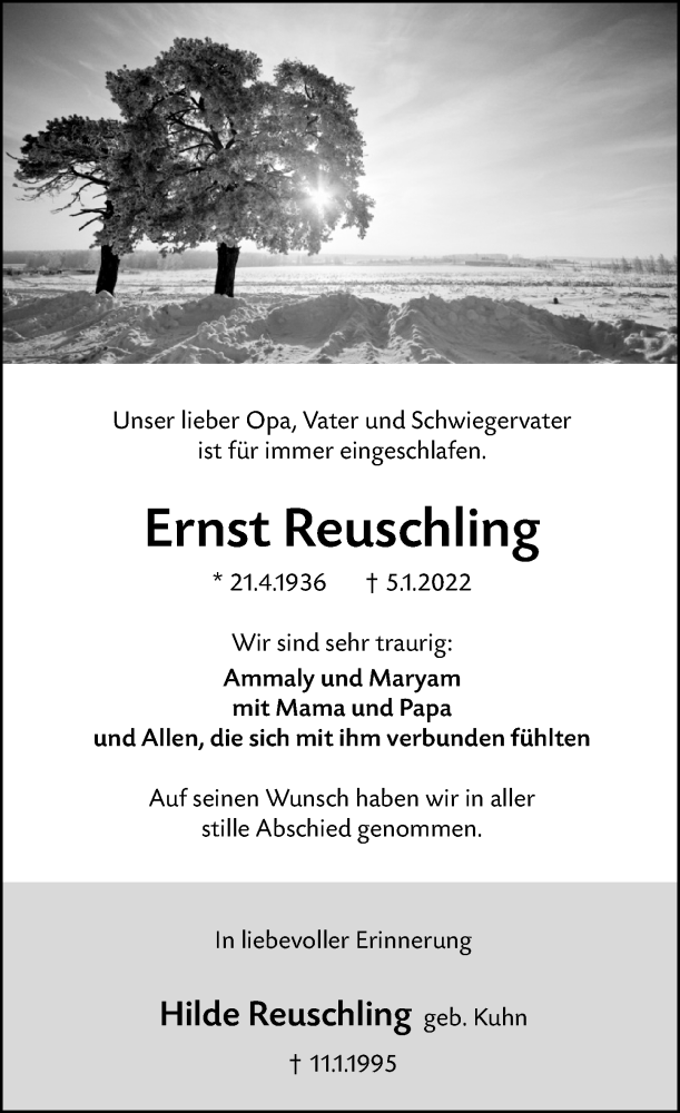  Traueranzeige für Hilde Reuschling vom 11.01.2022 aus Wetzlarer Neue Zeitung
