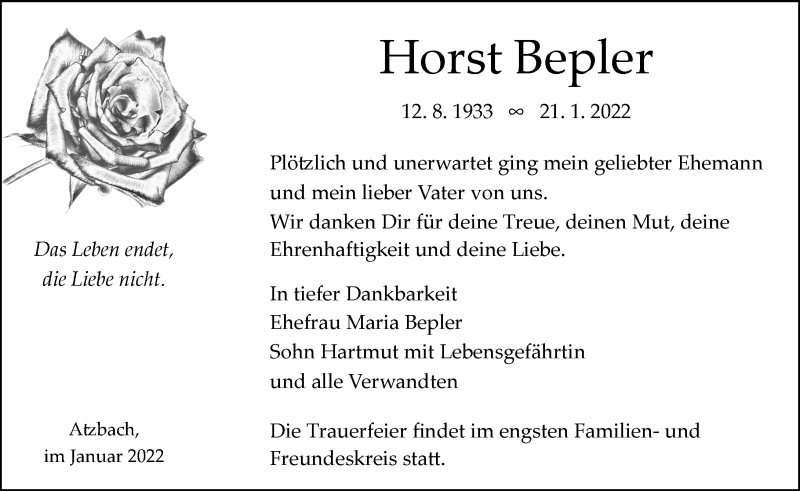  Traueranzeige für Horst Bepler vom 27.01.2022 aus Wetzlarer Neue Zeitung
