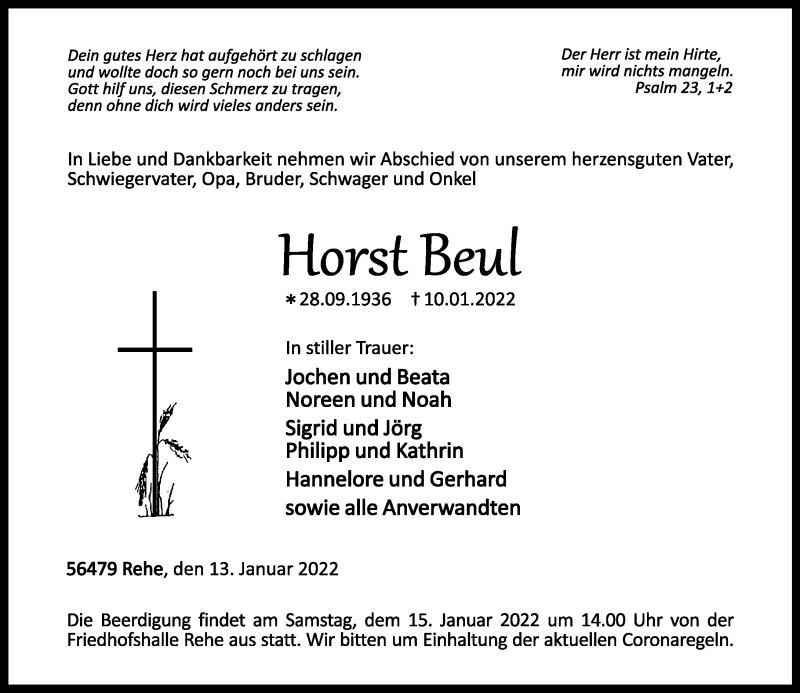  Traueranzeige für Horst Beul vom 13.01.2022 aus Dill Block