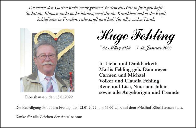  Traueranzeige für Hugo Fehling vom 19.01.2022 aus Dill Block