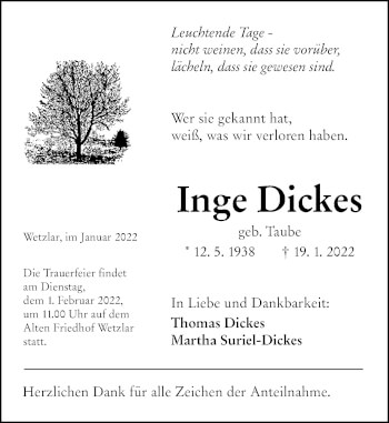 Traueranzeige von Inge Dickes von Wetzlarer Neue Zeitung