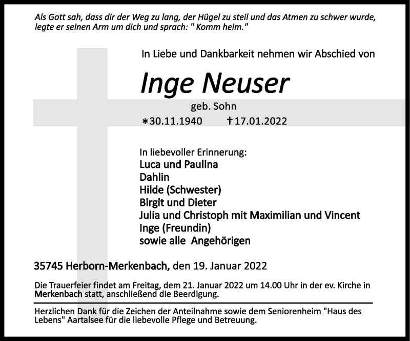  Traueranzeige für Inge Neuser vom 19.01.2022 aus Dill Block