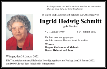 Traueranzeige von Ingrid Hedwig Schmitt von Camberger Anzeiger