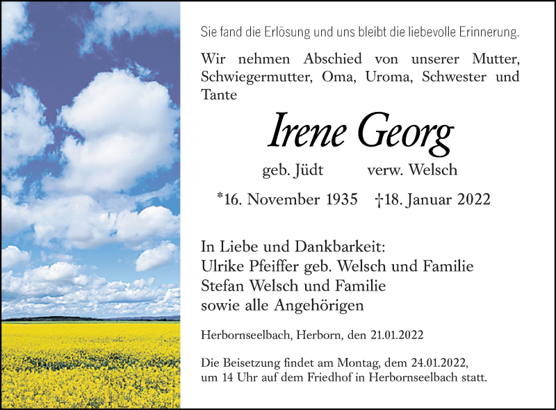  Traueranzeige für Irene Georg vom 21.01.2022 aus Dill Block