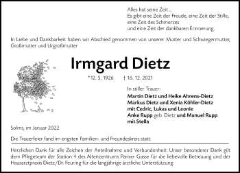 Traueranzeige von Irmgard Dietz von Wetzlarer Neue Zeitung