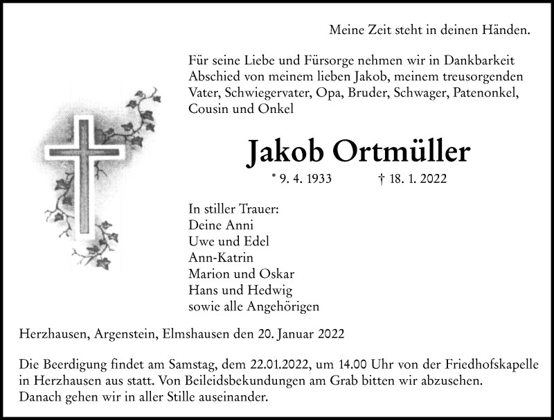 Traueranzeige für Jakob Ortmüller vom 20.01.2022 aus Hinterländer Anzeiger