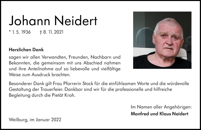  Traueranzeige für Johann Neidert vom 08.01.2022 aus Weilburger Tageblatt
