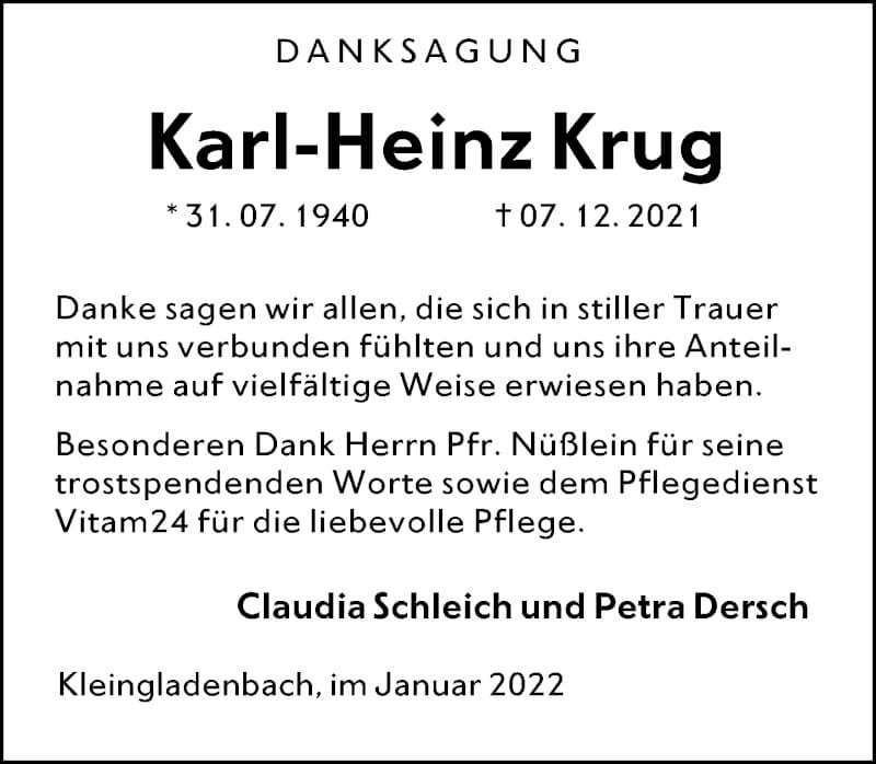  Traueranzeige für Karl-Heinz Krug vom 22.01.2022 aus Hinterländer Anzeiger