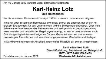 Traueranzeige von Karl-Heinz Lotz von Hinterländer Anzeiger