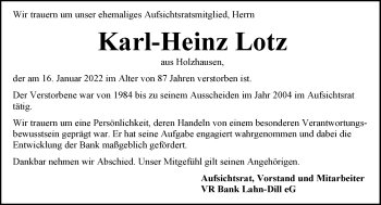 Traueranzeige von Karl-Heinz Lotz von Hinterländer Anzeiger