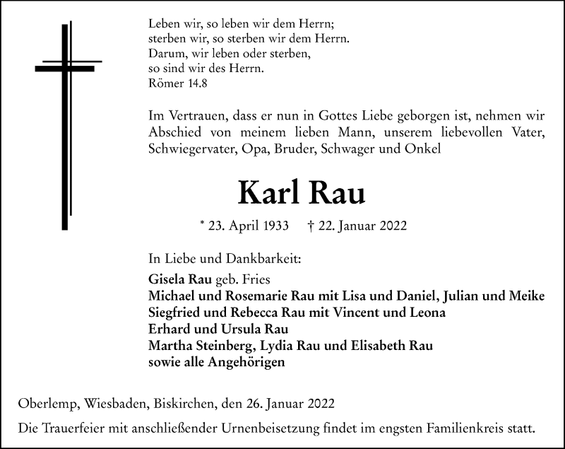  Traueranzeige für Karl Rau vom 26.01.2022 aus Wetzlarer Neue Zeitung