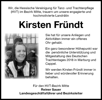 Traueranzeige von Kirsten Fründt von Hinterländer Anzeiger