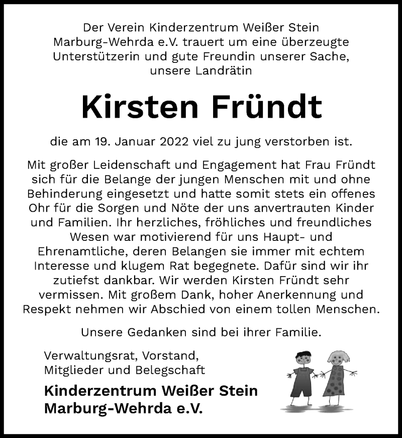  Traueranzeige für Kirsten Fründt vom 27.01.2022 aus Hinterländer Anzeiger