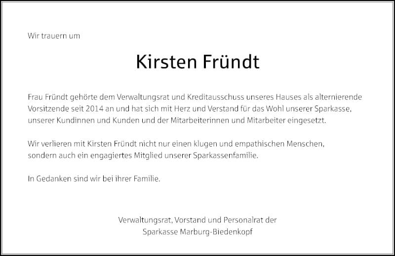  Traueranzeige für Kirsten Fründt vom 22.01.2022 aus Hinterländer Anzeiger
