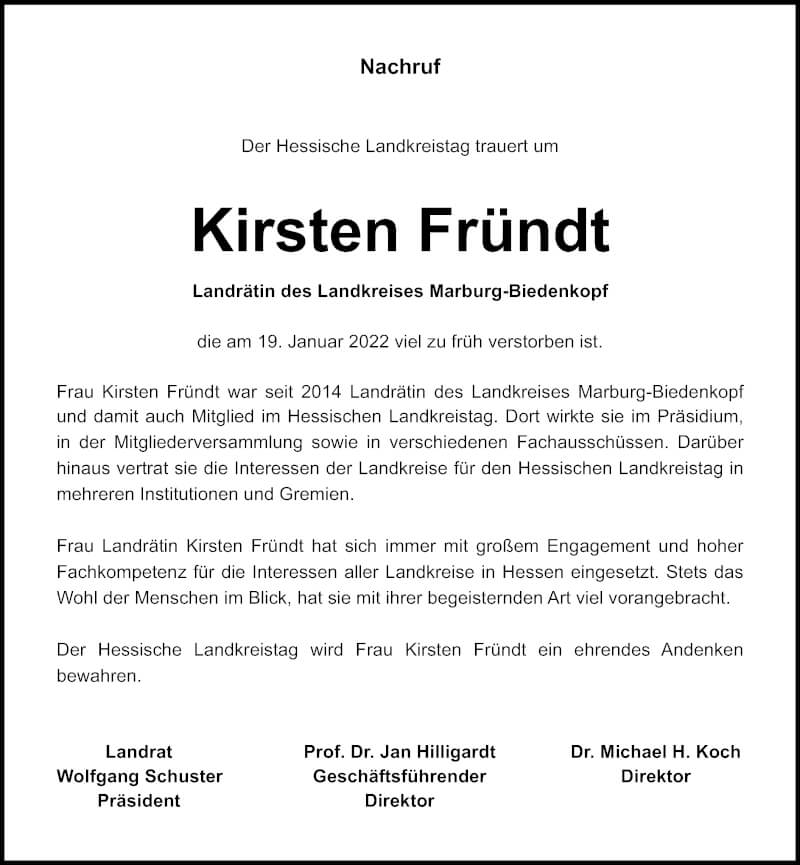  Traueranzeige für Kirsten Fründt vom 22.01.2022 aus Hinterländer Anzeiger
