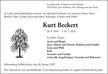 Traueranzeige von Kurt Beckert von Wetzlarer Neue Zeitung