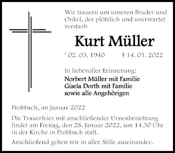 Traueranzeige von Kurt Müller von Weilburger Tageblatt