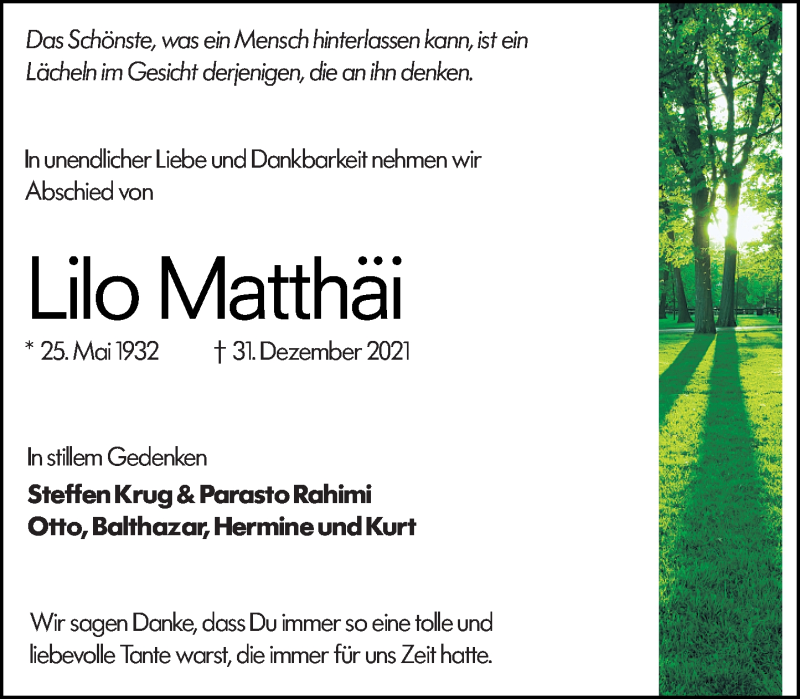  Traueranzeige für Lilo Matthäi vom 19.01.2022 aus Oberhessische Zeitung