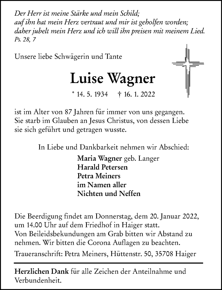  Traueranzeige für Luise Wagner vom 18.01.2022 aus Dill Block