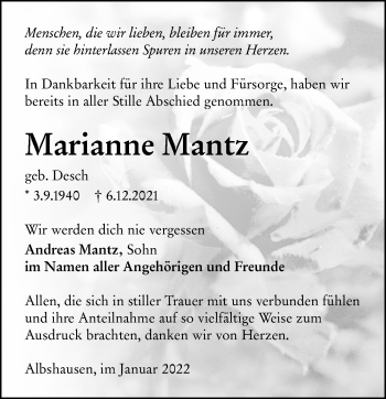 Traueranzeige von Marianne Mantz von Wetzlarer Neue Zeitung